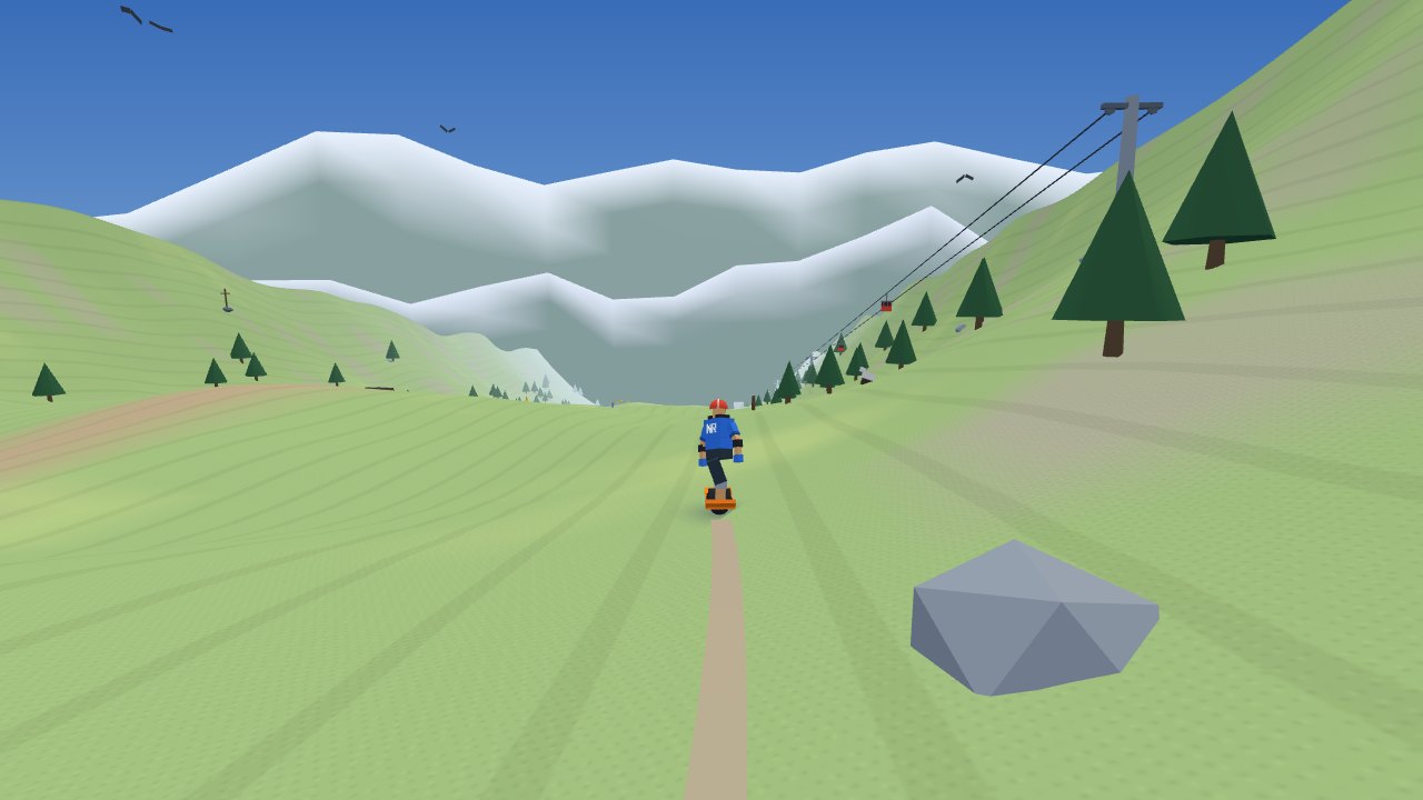 Fahrer auf dem Einrad-Board auf einem Almtrail, dahinter verschneite Gipfel und eine Seilbahn.