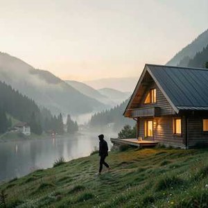 Cover: Almhütte am nebligen Bergsee im Morgenlicht.