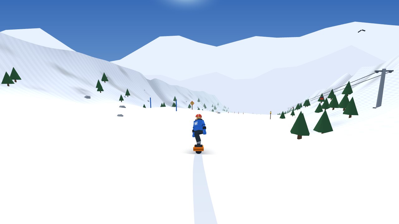 Verschneite Piste am Lahnenberg mit Nadelbäumen, Seilbahnmasten und Warnschild.