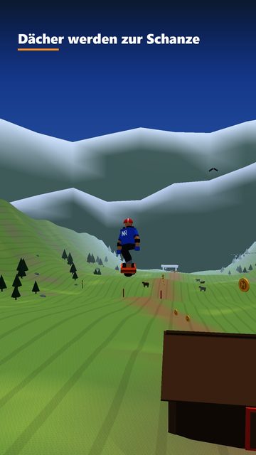 Screenshot: Sprung über ein Stadldach als Rampe.