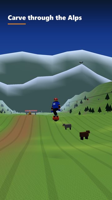 Screenshot: carving down the alpine trail, cows beside the track.